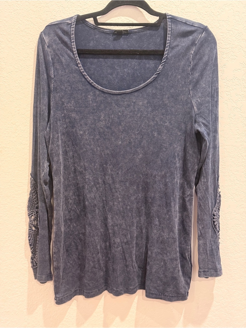 torrid Washed Denim-Blue Long Sleeve Top with Lace‎ Elbow Detail